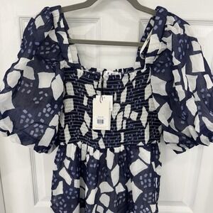 NWT THML Women's Navy and White Puff Sleeve Maxi Dress Size Med Geometric Summer